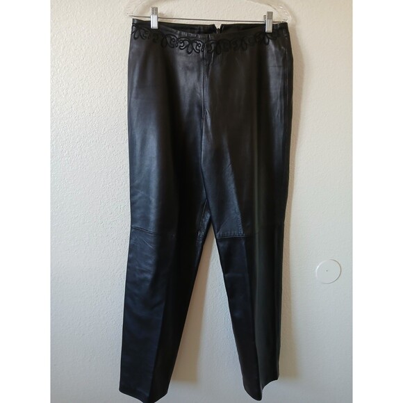Belle Sport Womens Genuine Leather Pants Black Size 8 Straight Leg Elegant - Picture 2 of 12